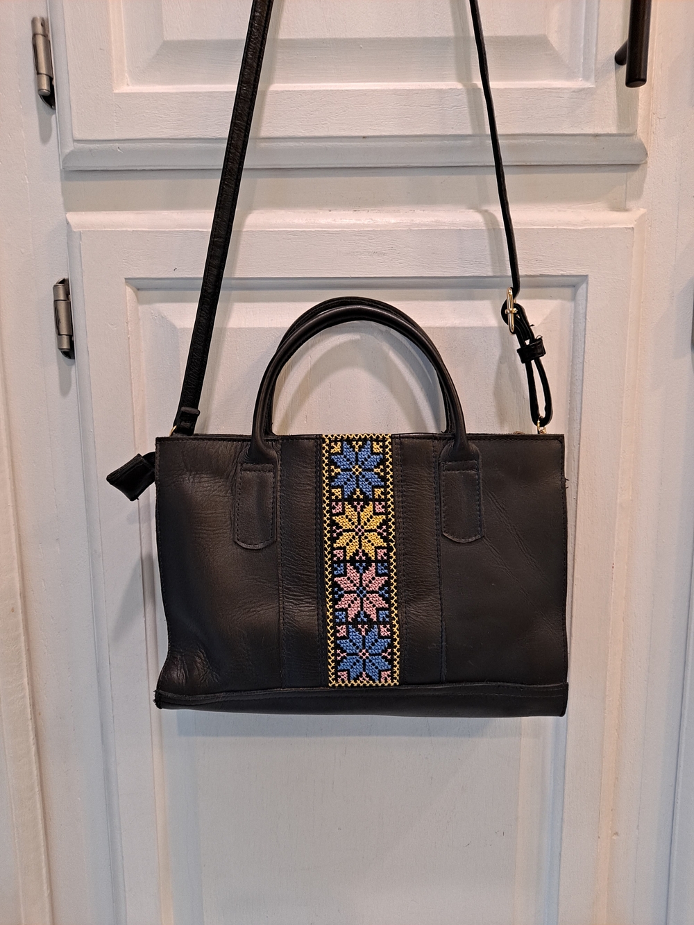Artisan Handcraft Premium Black Cowhide Leather Bag Multicolor Embroidered Panel